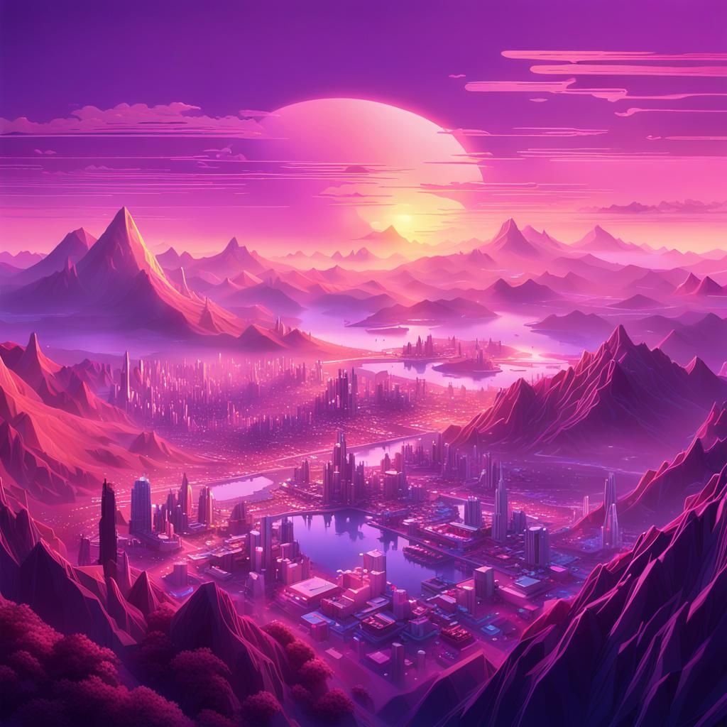 Cyberpop Sunset: Mystical City in Lo-fi CGI Style