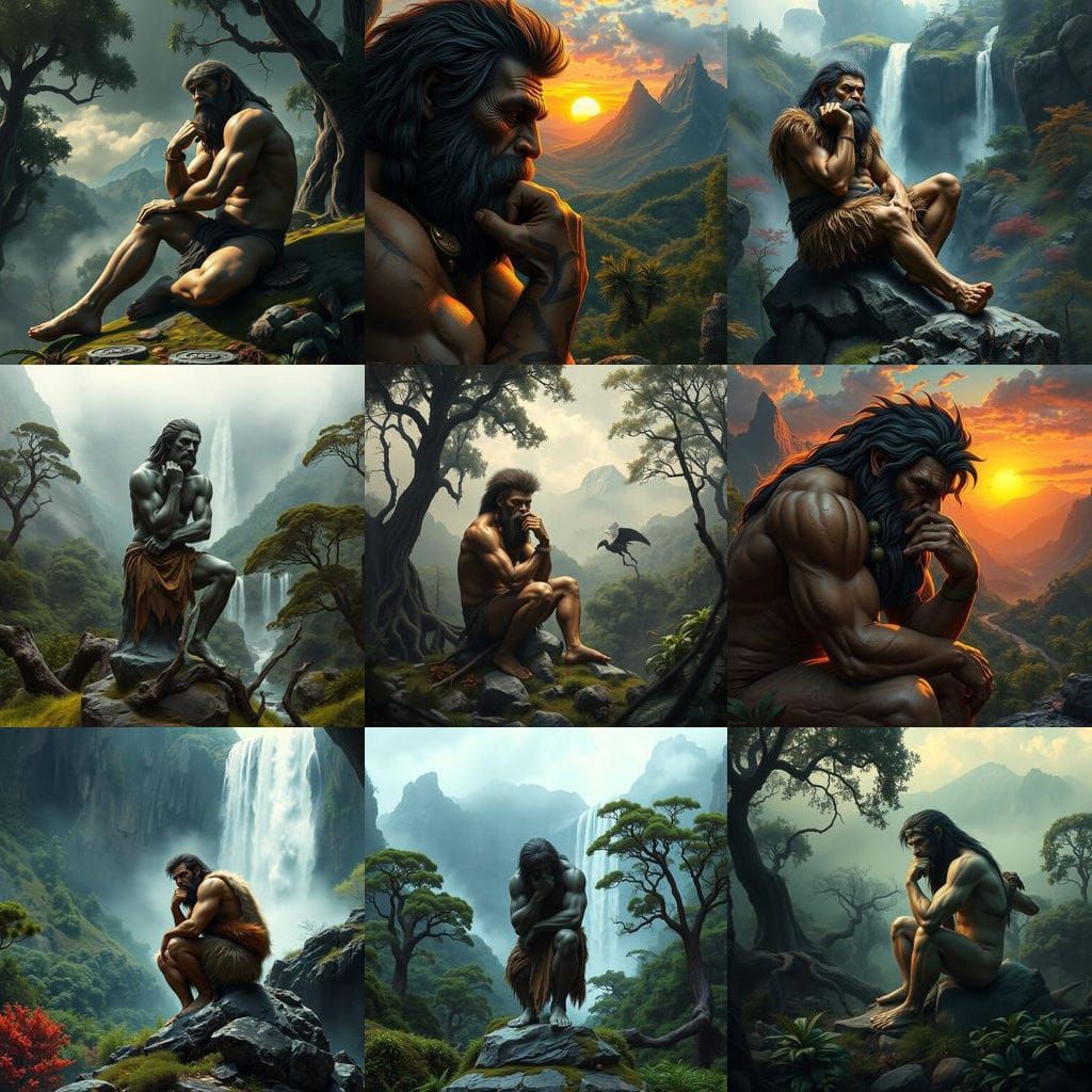 Hyper Realistic Caveman Contemplates in Ancient Landscape