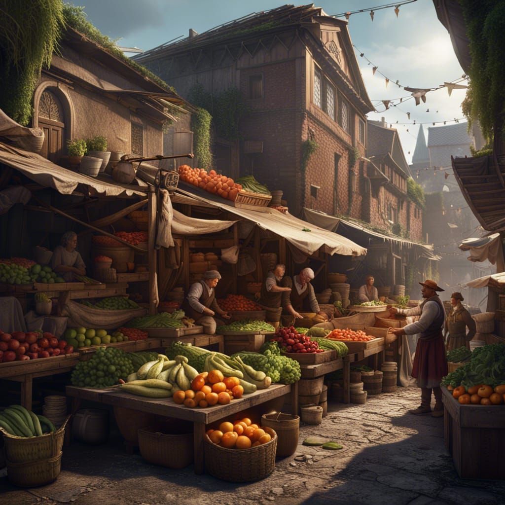 Farmers Market with Vegetables and Fruit in Detailed Paintin...