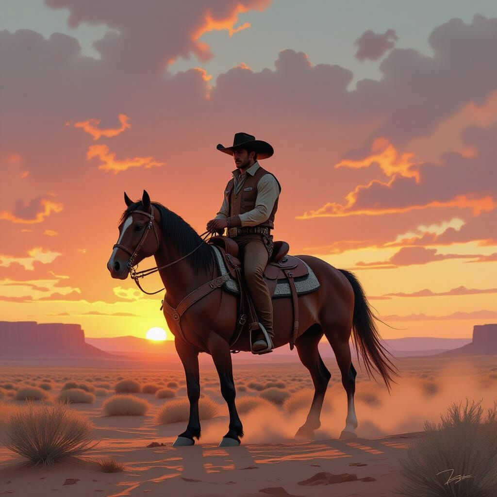 Lone Cowboy Rides Into Sunset in Syd Mead Style