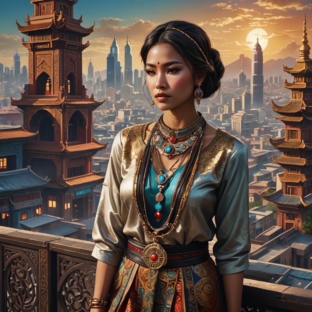 Woman in Modern Ethnic Outfit Concept Art