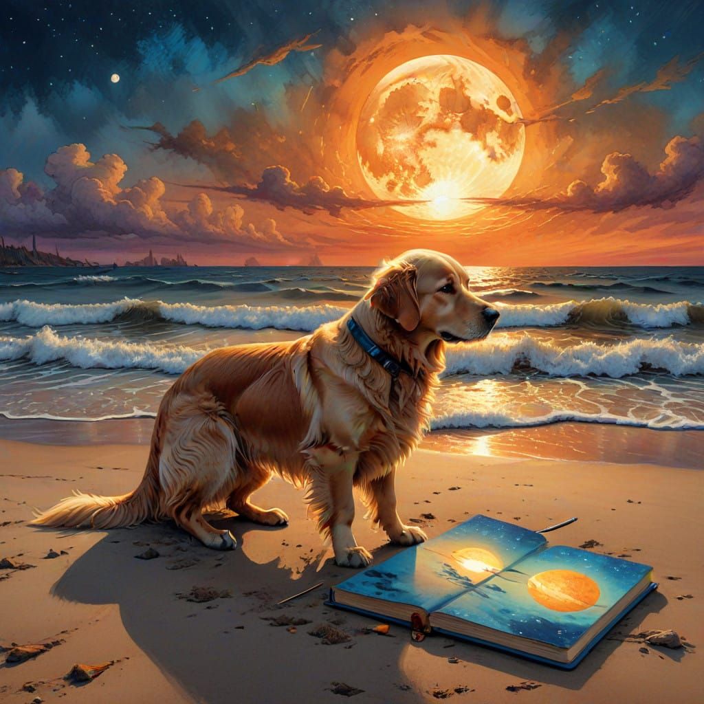 Canine Surrealist Amidst Celestial Beachscape in Grunge Styl...