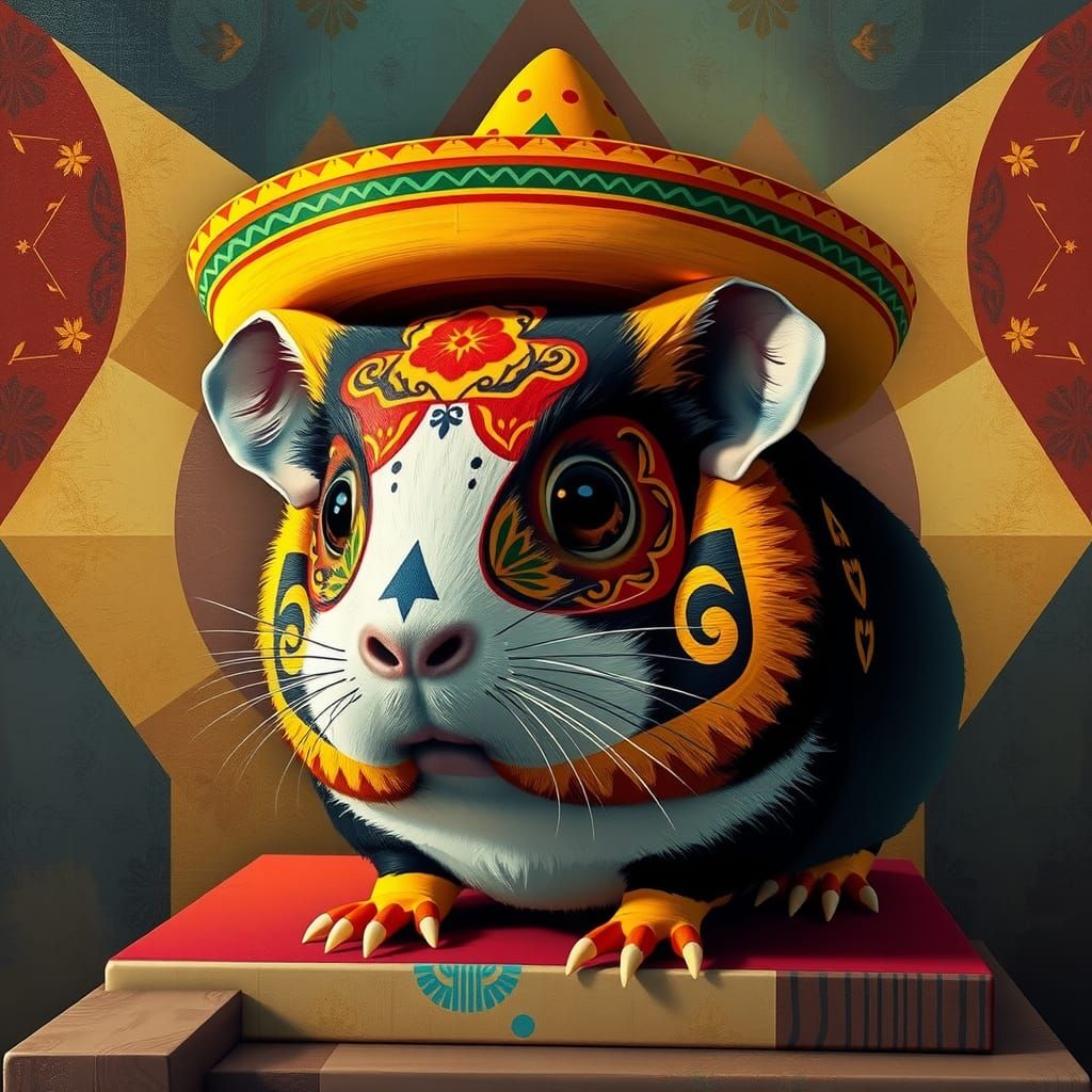 Guinea Pig Celebrates Día de los Muertos as Cubist Art