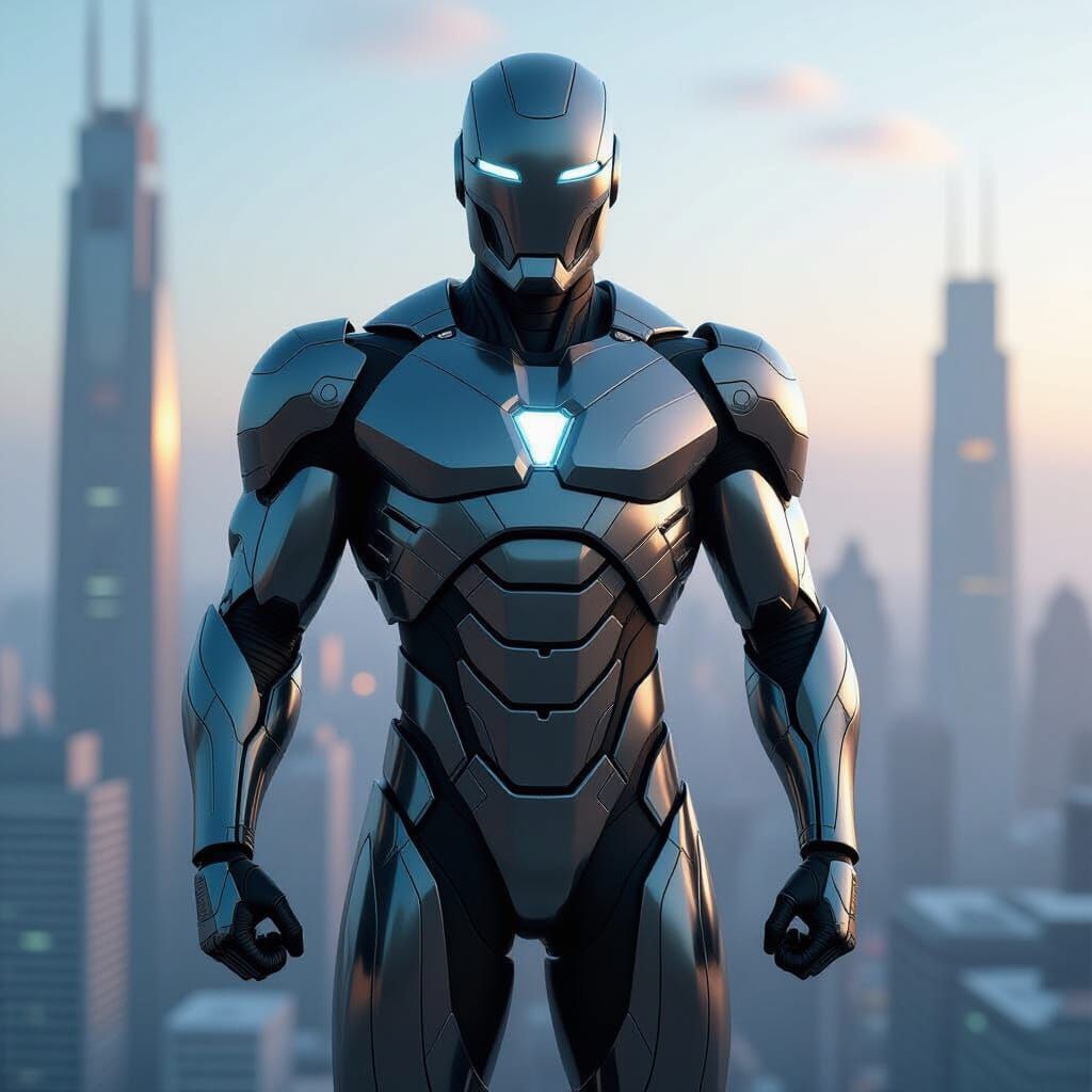 Futuristic Titanium Man in Industrial Cityscape Style