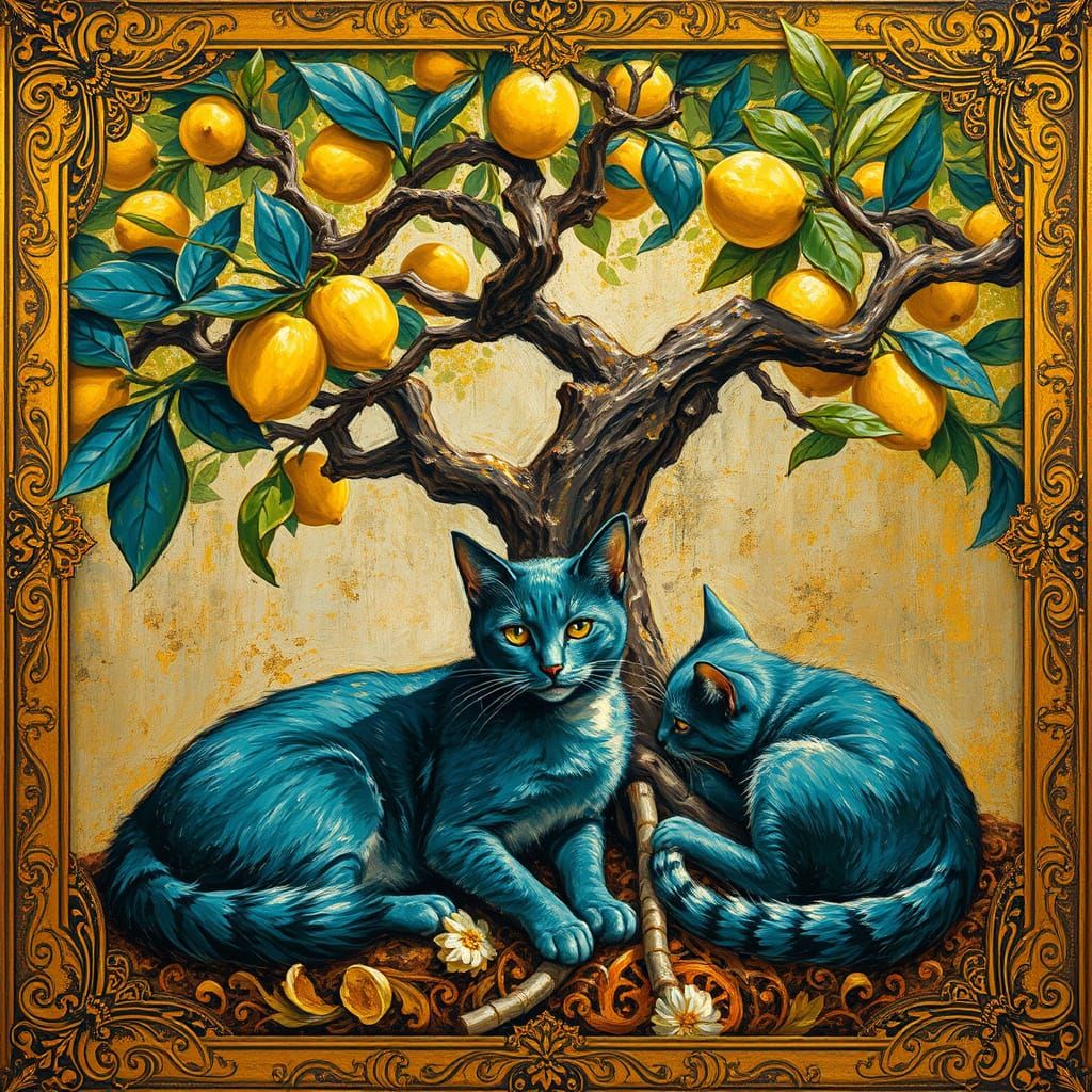 Two Teal Cats in a Gilded Haven