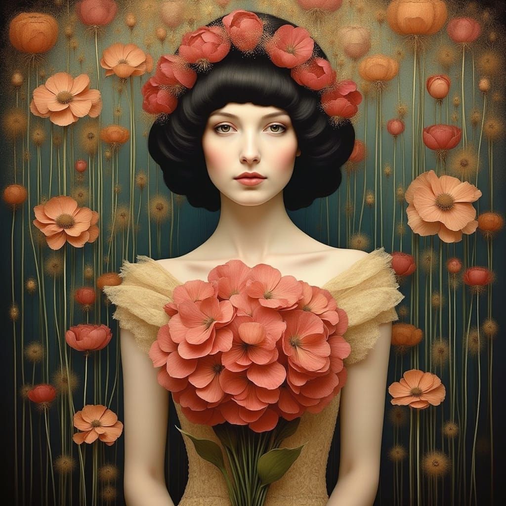 Floral Woman with Roses in Art Nouveau Style