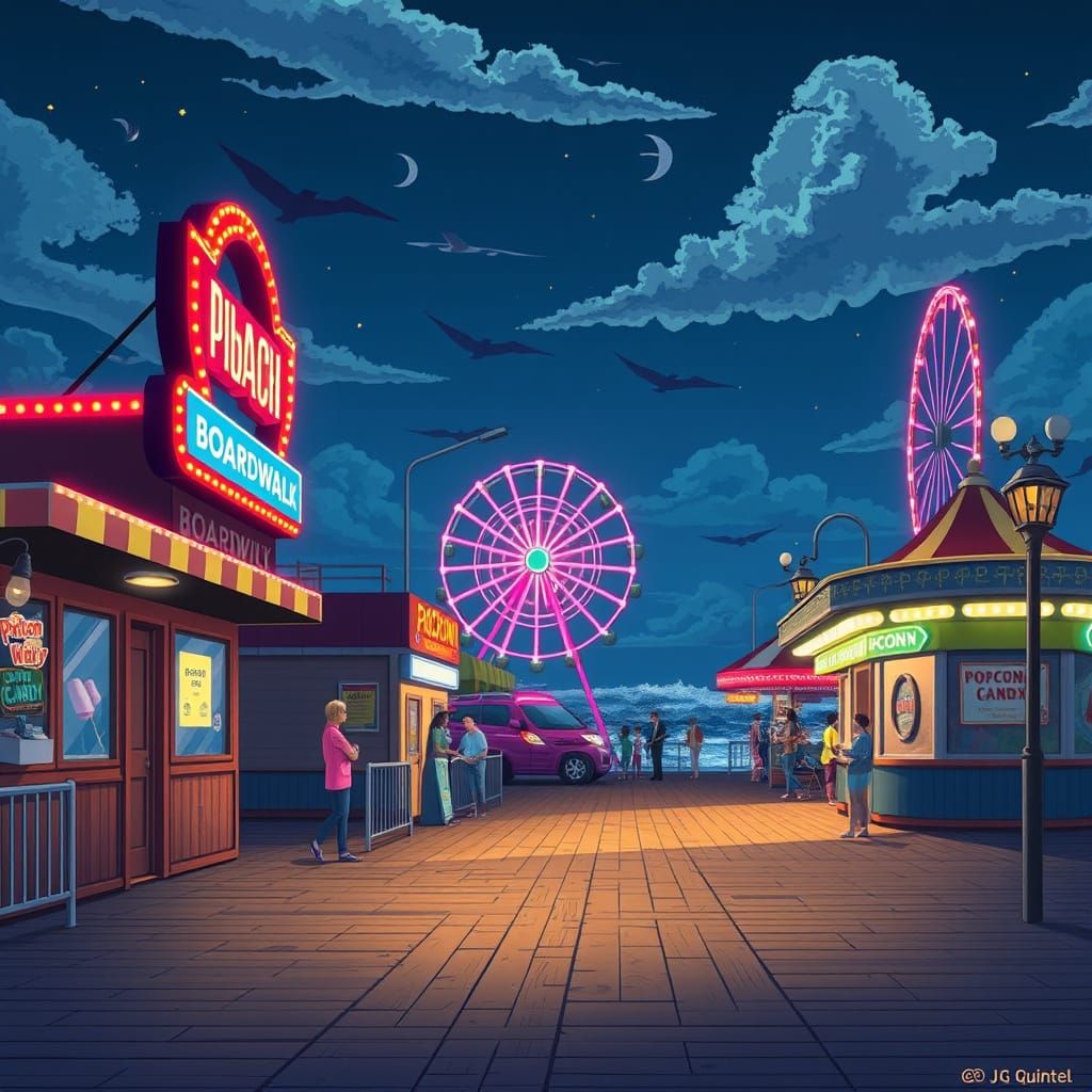 Nostalgic Boardwalk Scene with Ferris Wheel
