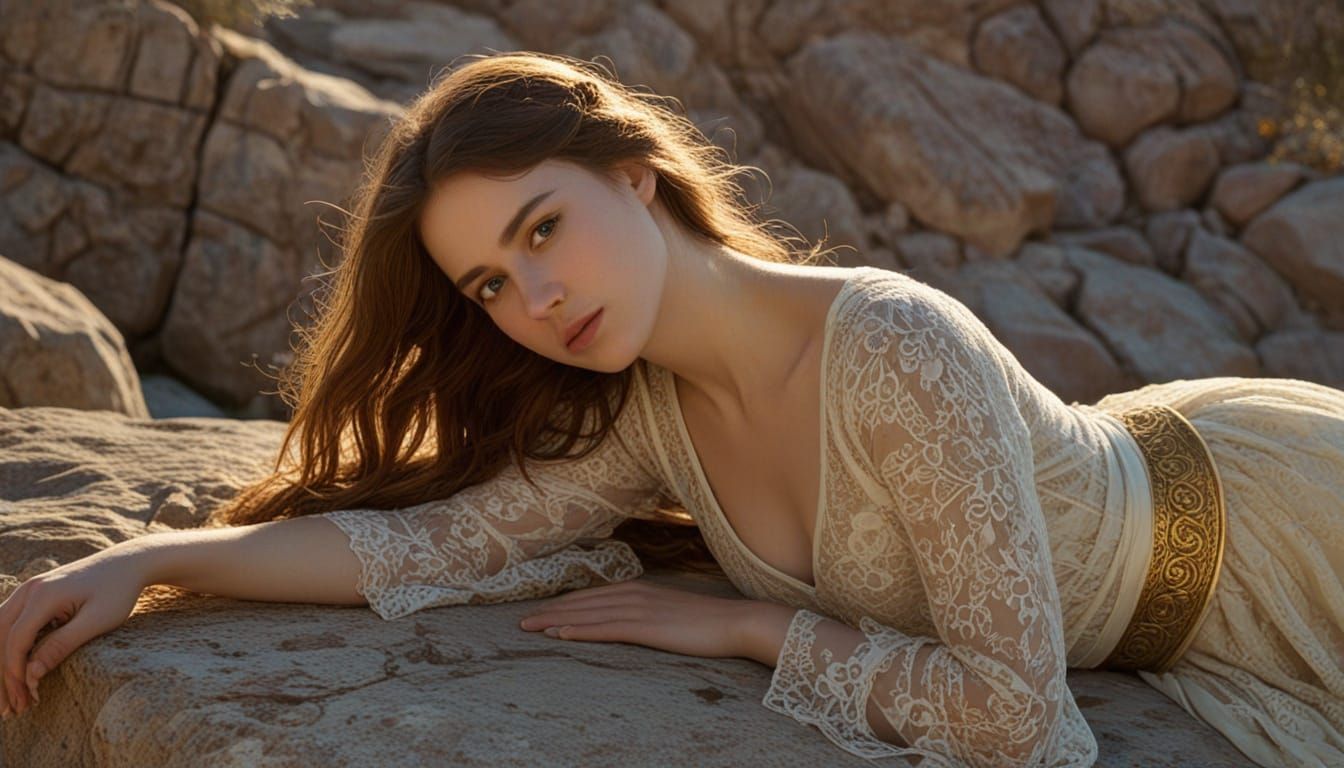 Romantic Woman on Rocky Outcrop in Pre-Raphaelite Style