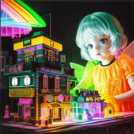 Surreal Rayograph with Rainbow Fairy and Toy Cityscape