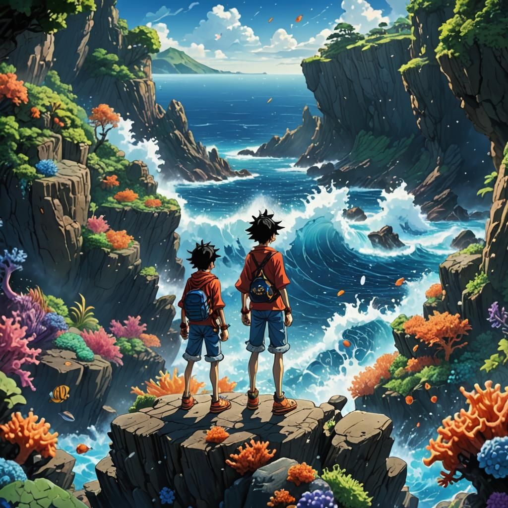 Luffy on Rocky Cliff: A Fantasy Illustration