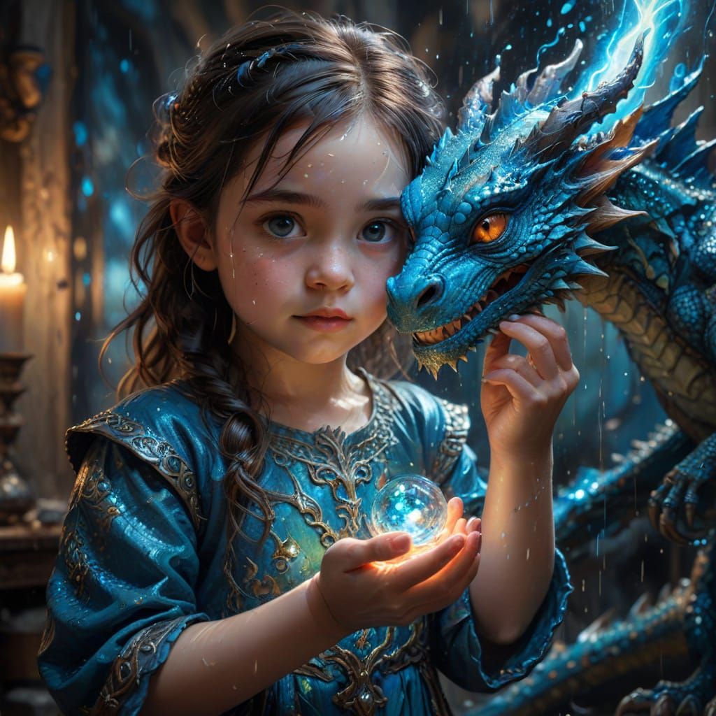 Girl Holds Glowing Energy Dragon, Maximalist Oil Painting