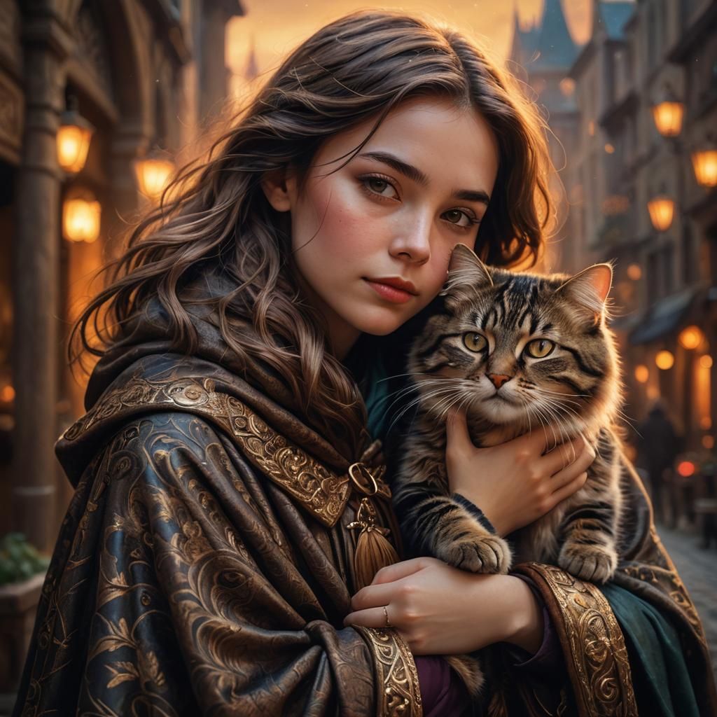 Girl with Tabby Cat Portrait in Fantasy Style