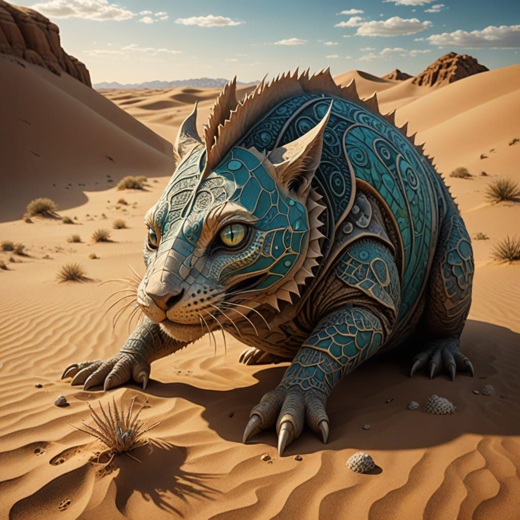 Vibrant Graboid Cat Unfurls in Desert Tessellations