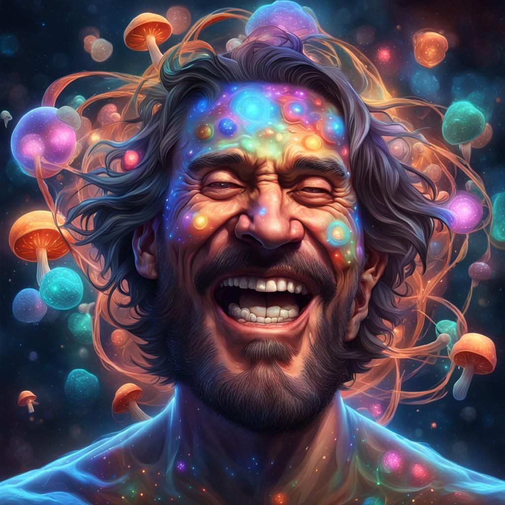 Hallucinatory Man Laughing in Atom, Detailed Concept Art