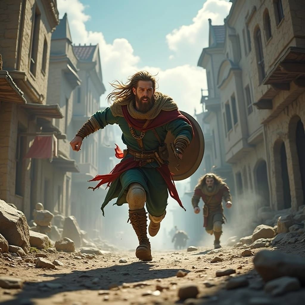 Elf Bard Runs from Giant Troll in Ruined Cityscape