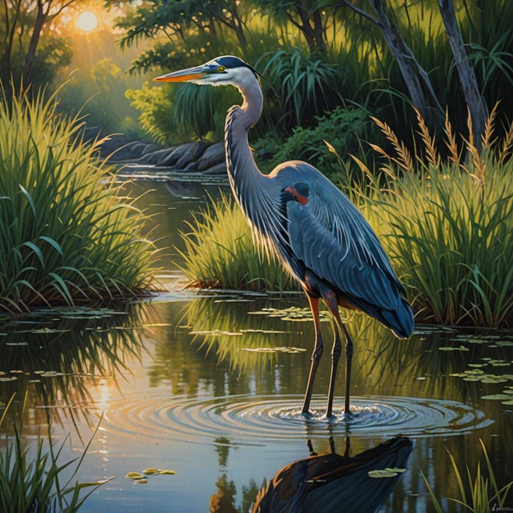 Impressionist Blue Heron in Golden Hour Light