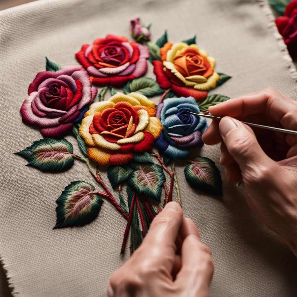 Hands Embroidering Multicolored Roses in Needlepoint