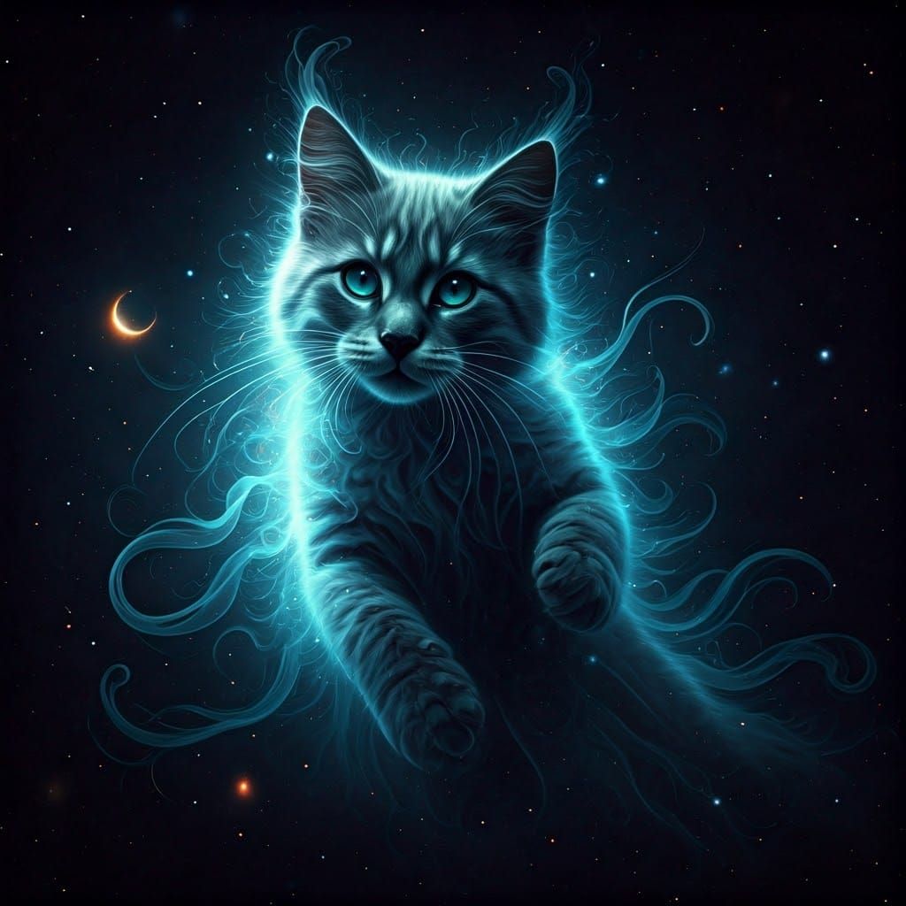 Ethereal Cat Spirit Dancing Among Celestial Bodies