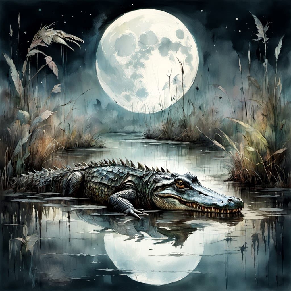 Moonlit Swamp Sanctuary in Watercolor