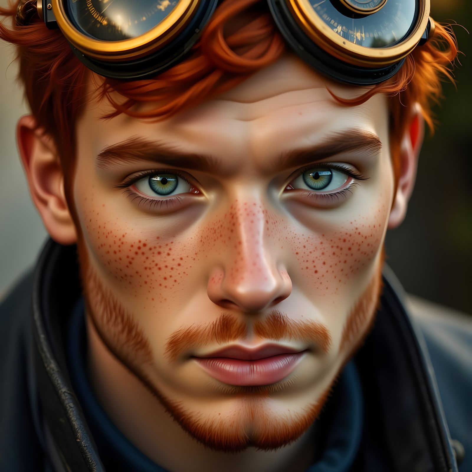Steampunk Redhead Man with Goggles in Warm Light