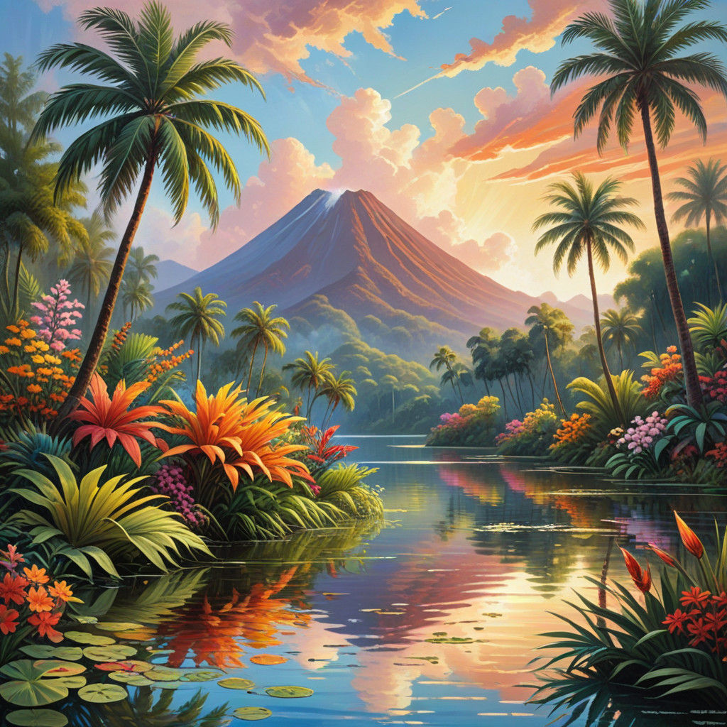 Serene Tropical Paradise with Majestic Volcano