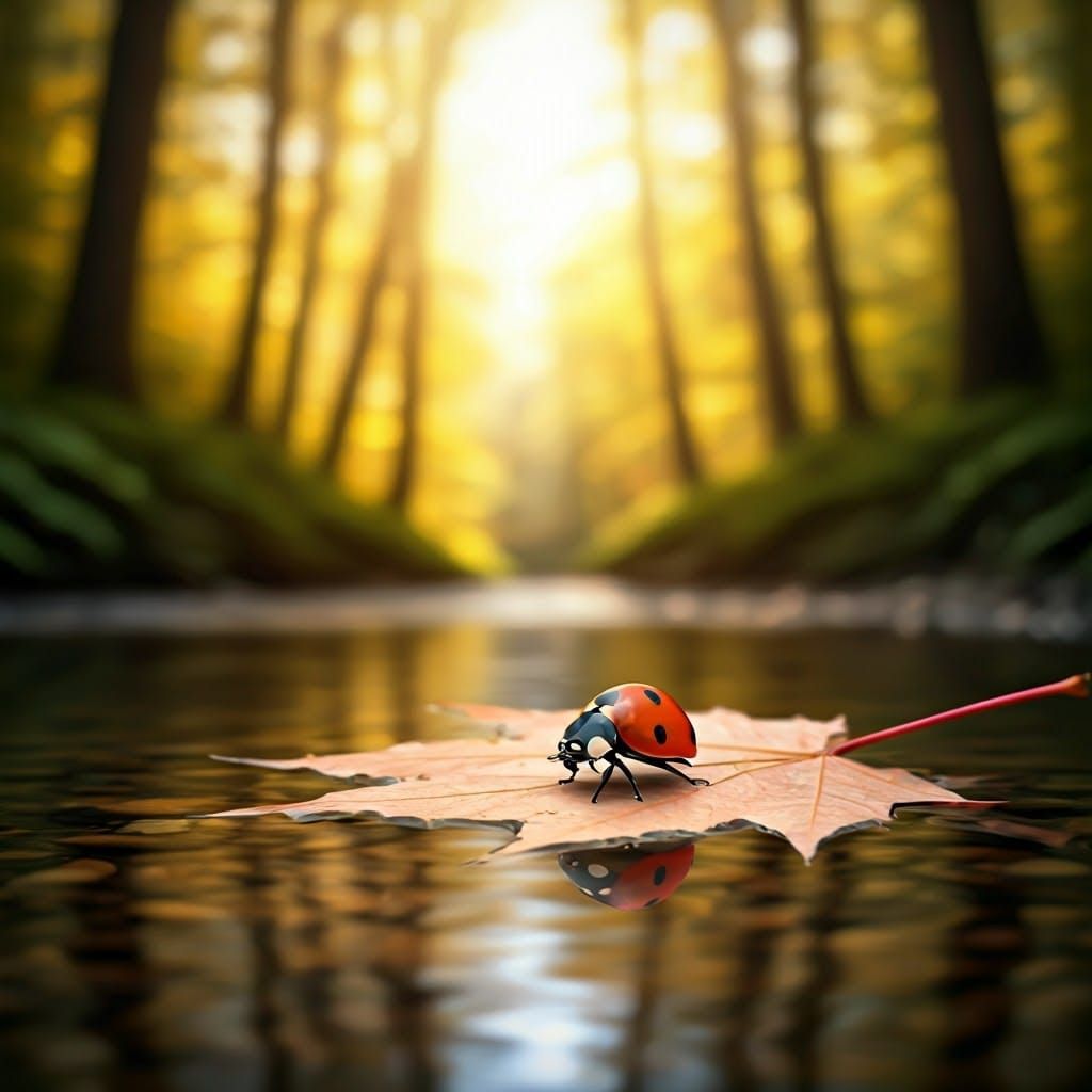 Scarlet Ladybug Rides Delicate Autumn Leaf