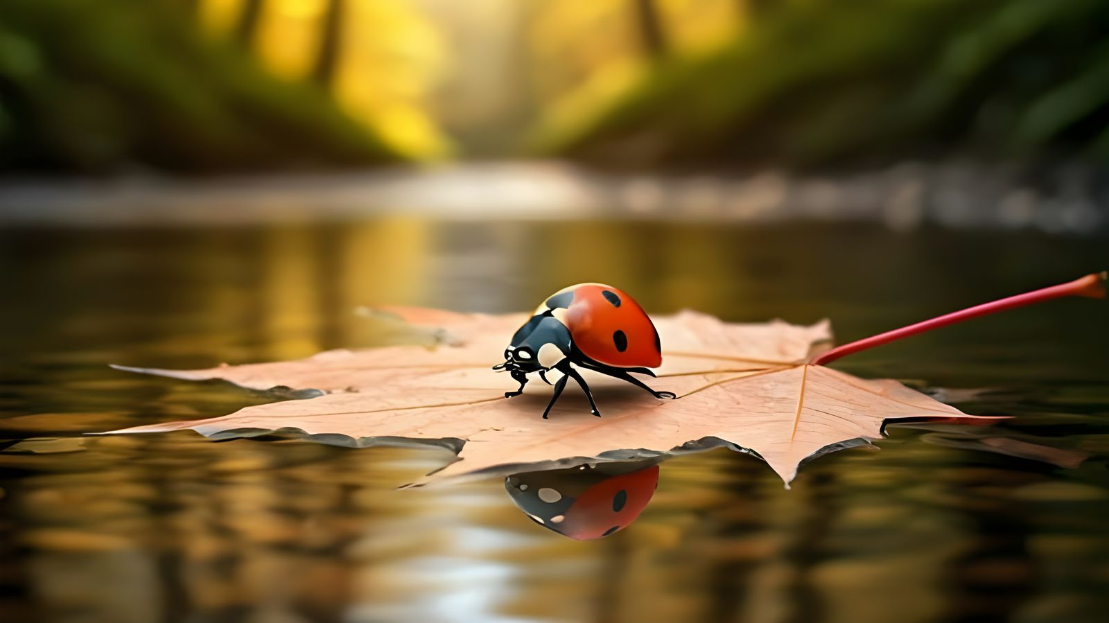 Ladybug's Serene Forest Voyage in Whimsical Macro Photograph...