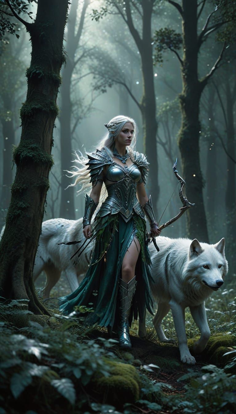 Artemis and White Wolf in Moonlit Forest