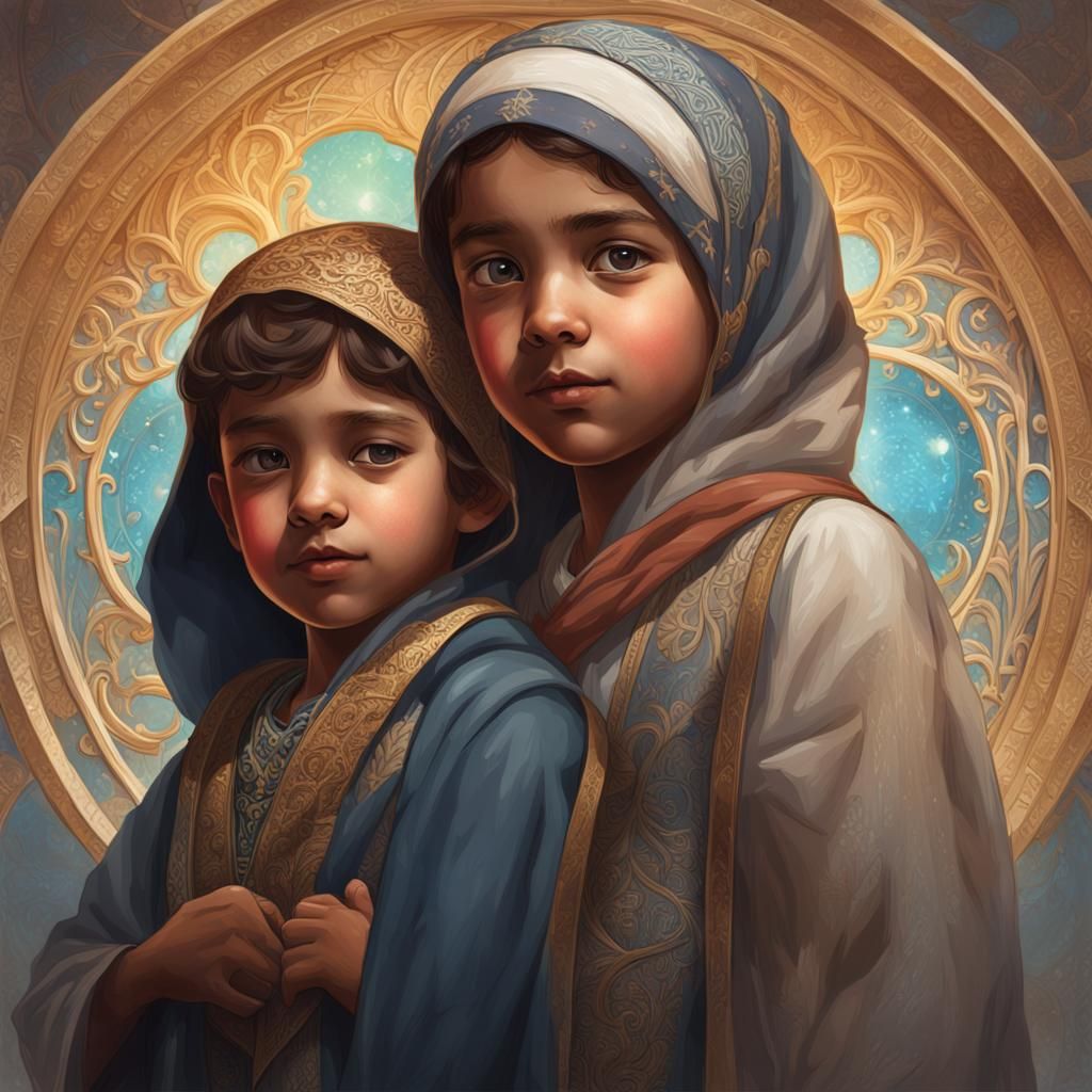 Harmonious Portrait of Jewish and Muslim Child in Splash Art