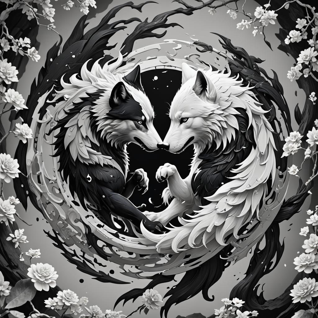 Yin Yang Wolves in Detailed Anime Style