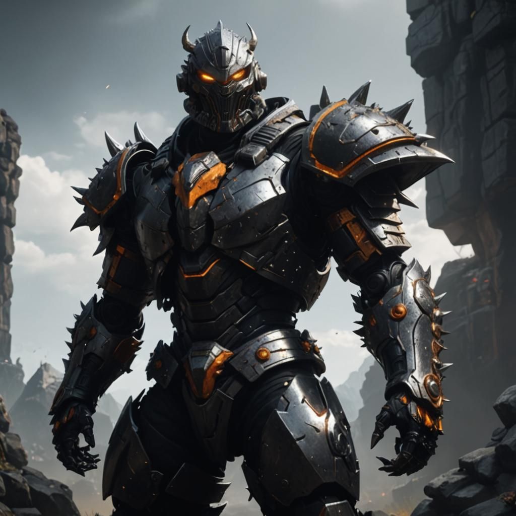 Armored Stone Golem in 3D Game Cinematic Style