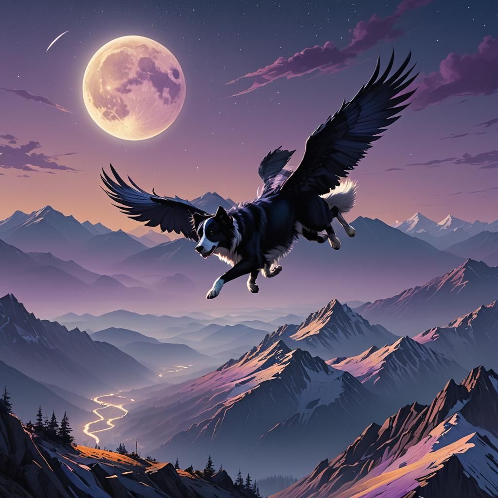Winged Collie Soaring Through Moonlit Mountains