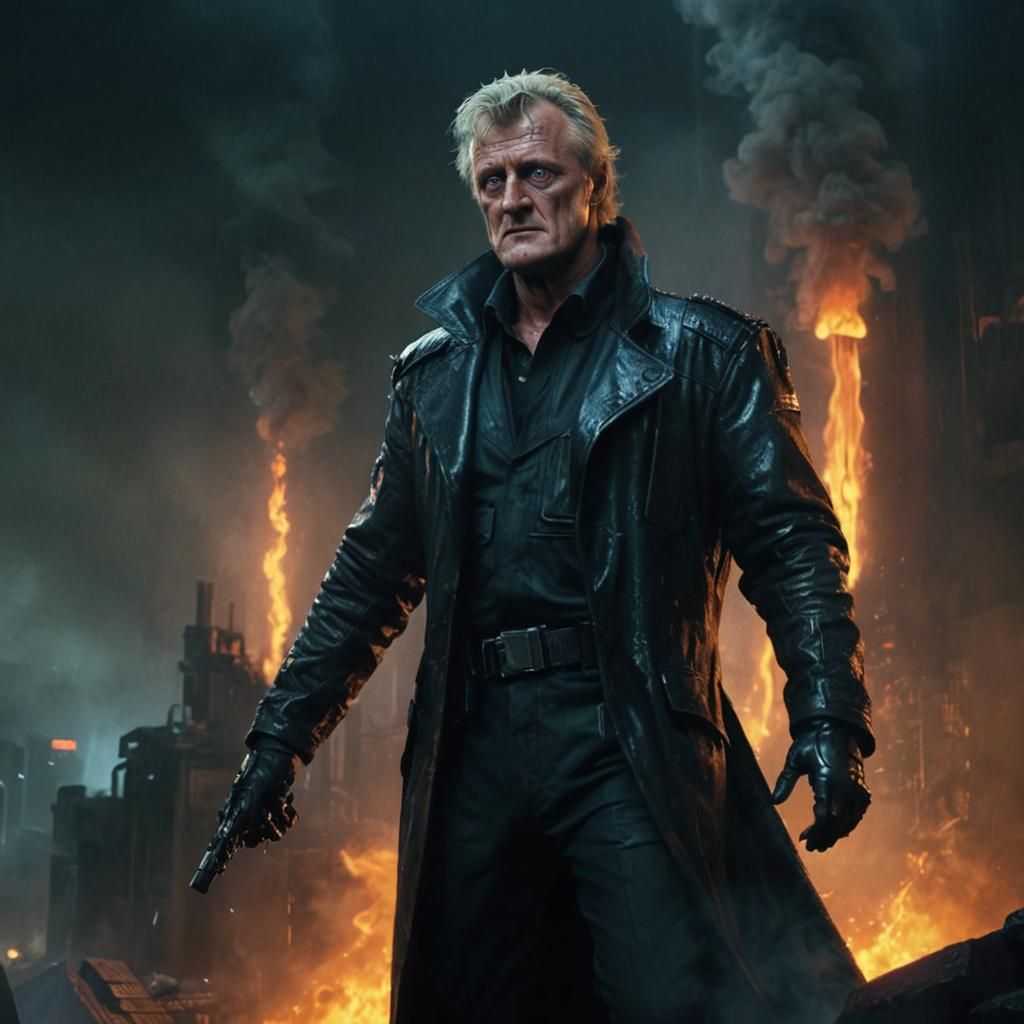 Rutger Hauer as the last replicant in Blade runner, back gro...