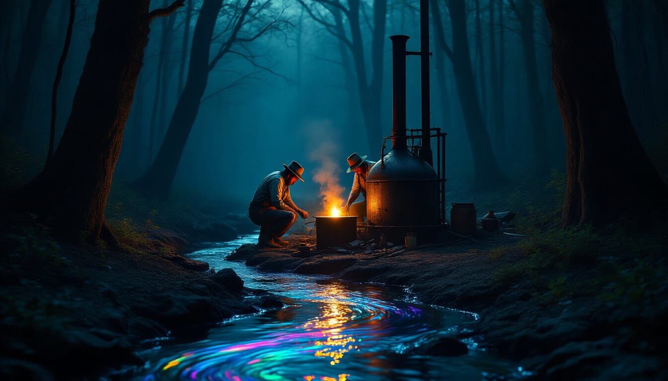 Moonshiners at a Hidden Whisky Still in Dark Woods