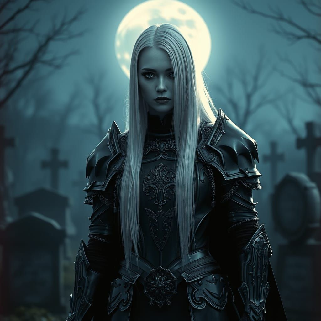 Elegant Gothic Knight in Moonlit Graveyard