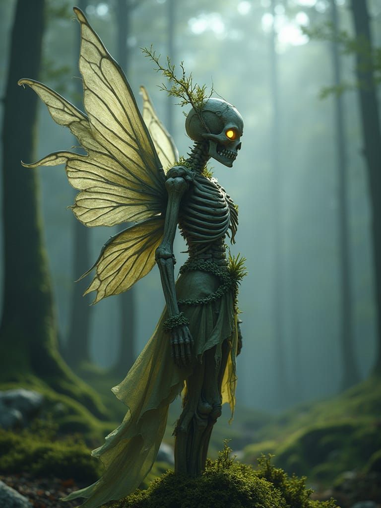 Fantasy Bone Fairy in Misty Forest: CGI Render