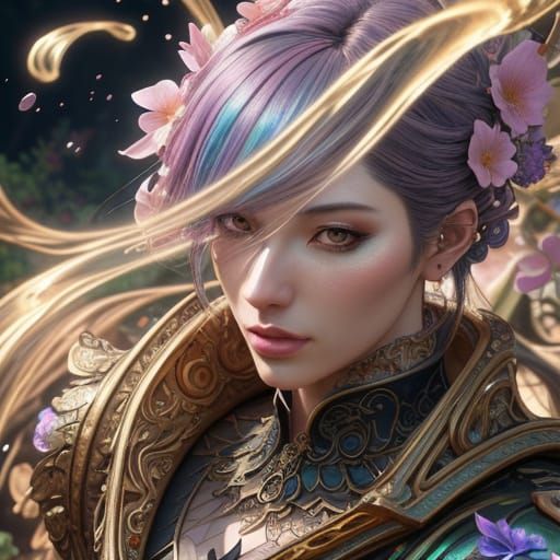 Anime Couple in Baroque Garden with Glowing Flowers