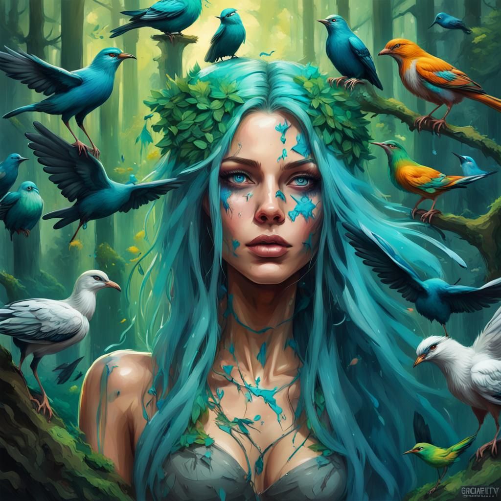 Female Druid in Forest, Graffiti Splash Art