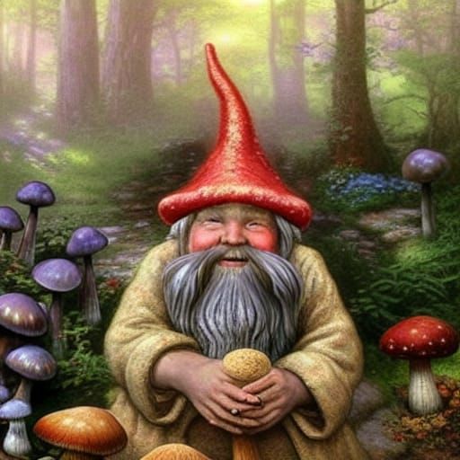 Enchanted Mushroom Garden with Gnome Wizard, Kinkade Style