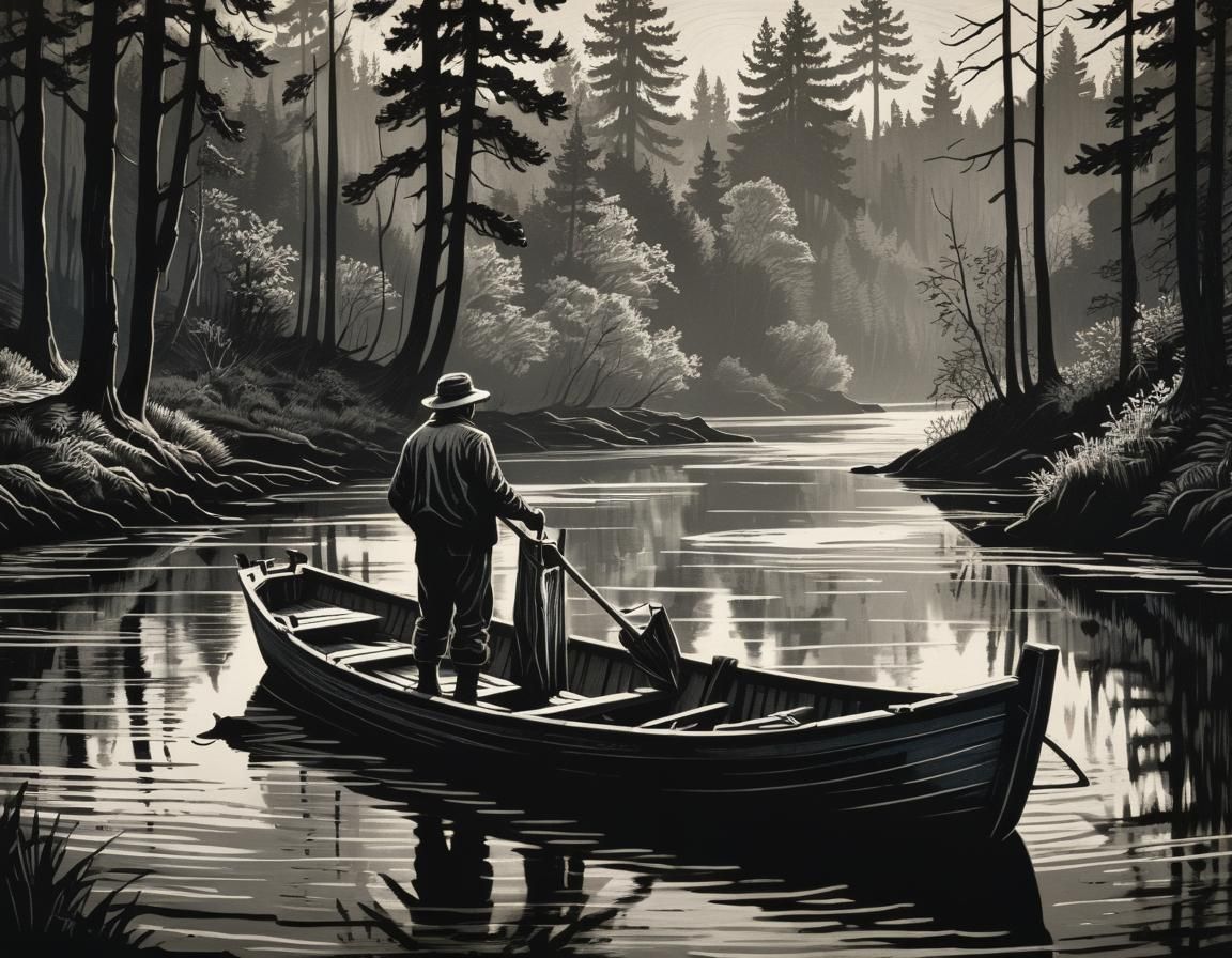 black and white woodcut of a landscape with river and boat with fisherman