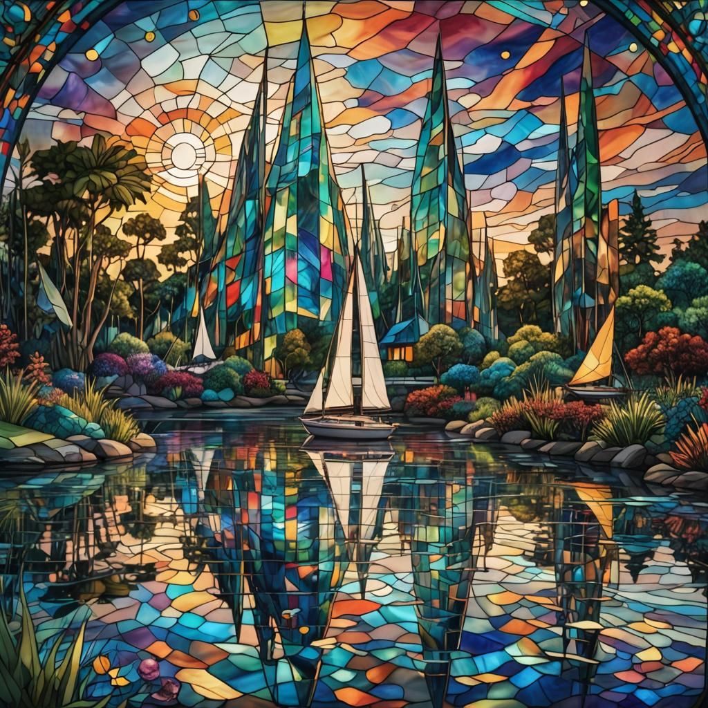 Futuristic Stained Glass Architecture in Dreamscape Waterway