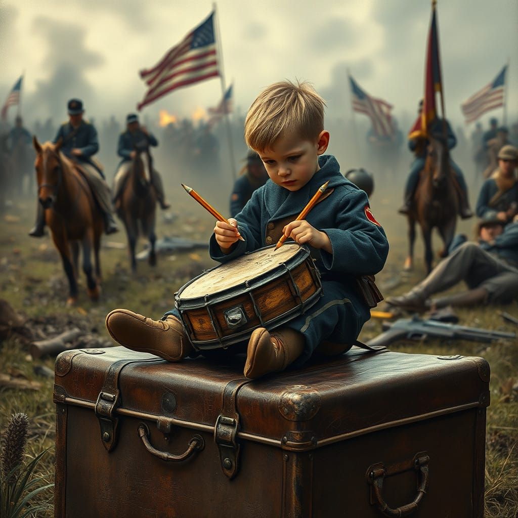 Young Drummer Boy Beats Rhythm on Civil War Battlefield