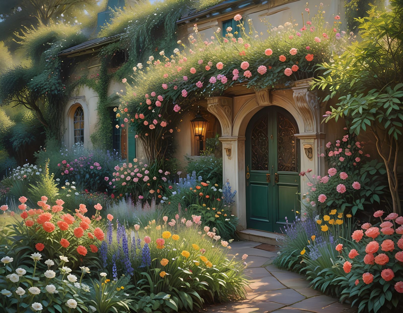 Impressionist Doorway Scene with Potted Blooms