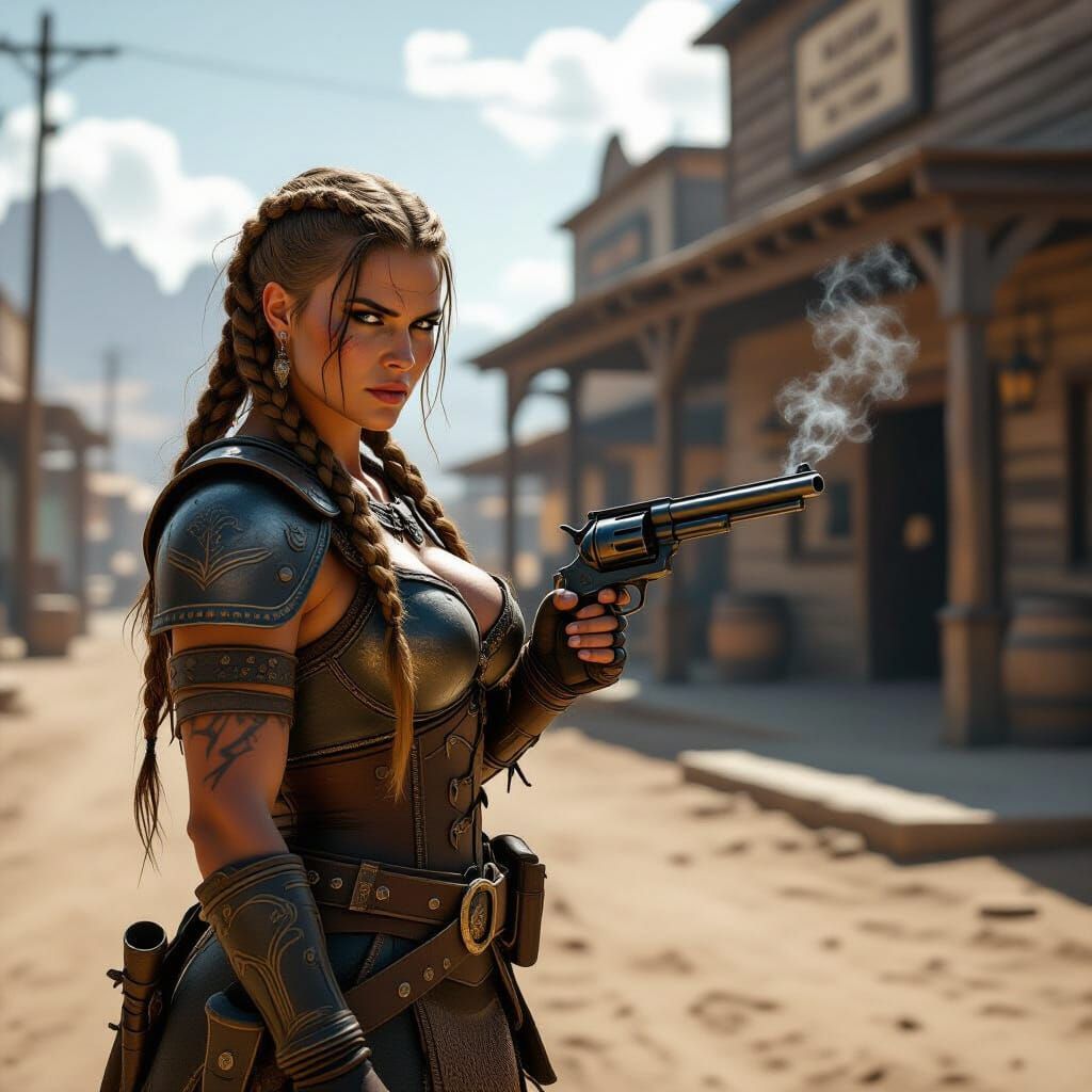 Viking Warrior Woman in Medieval Western Town