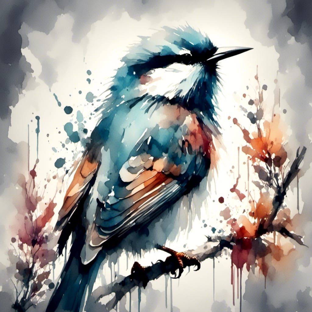 Watercolor Bird on Branch in Vivid Colors