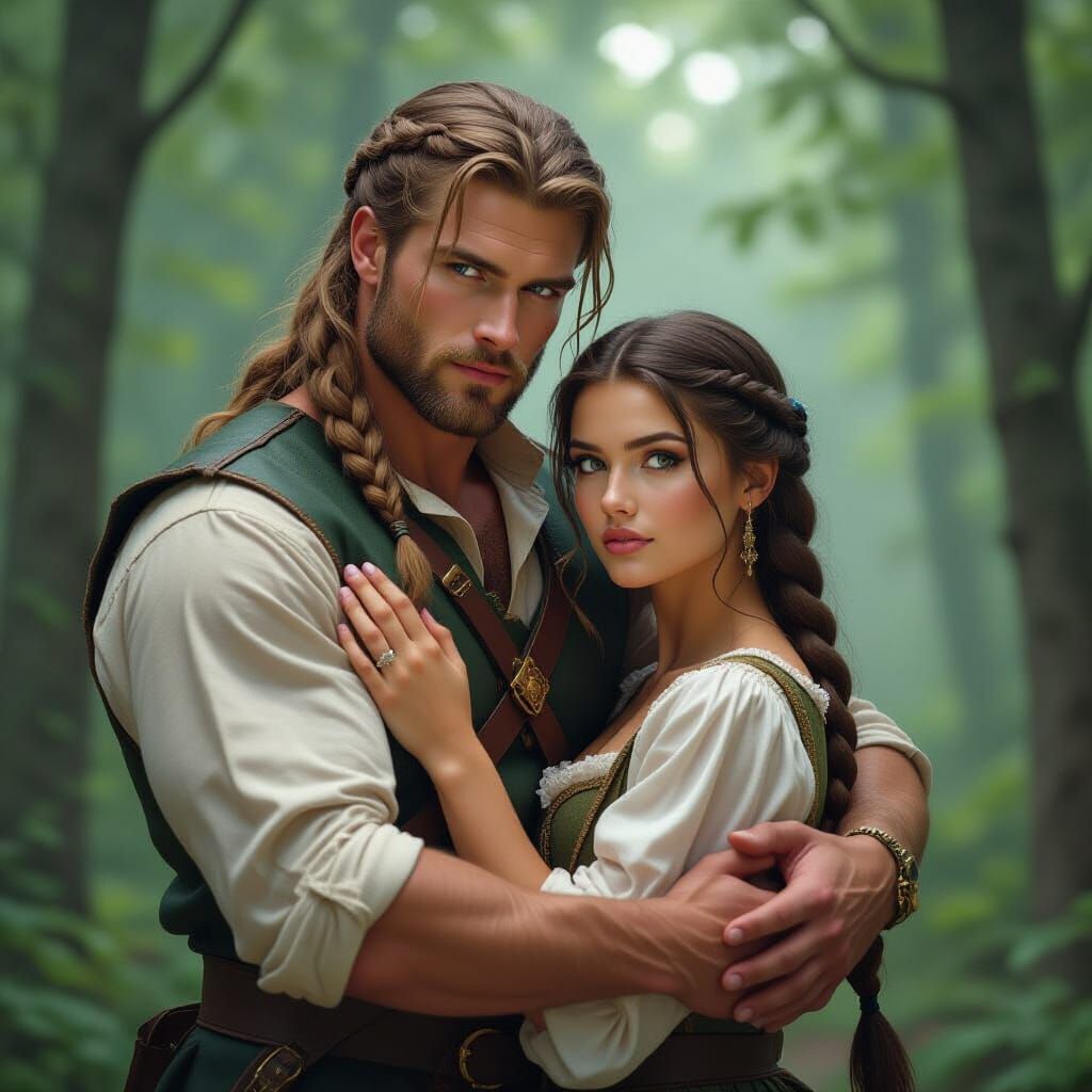 Slavic Warrior Grips Woman in Lithuanian Forest