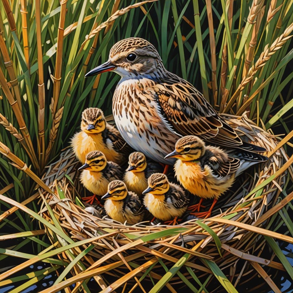Calidris Mother and Chicks in Gouache Style