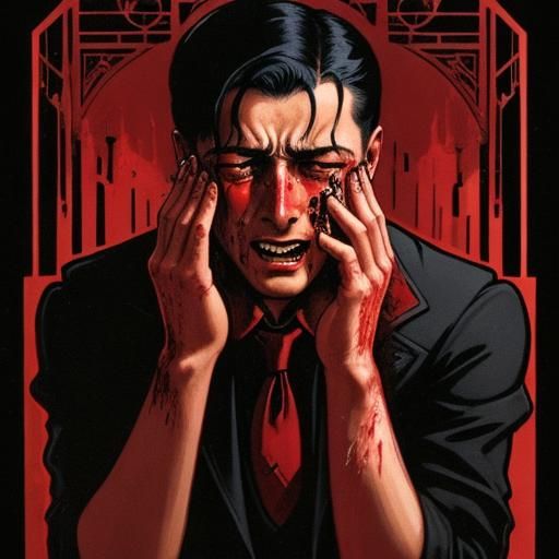 Man Crying into Bloody Hands with Regret