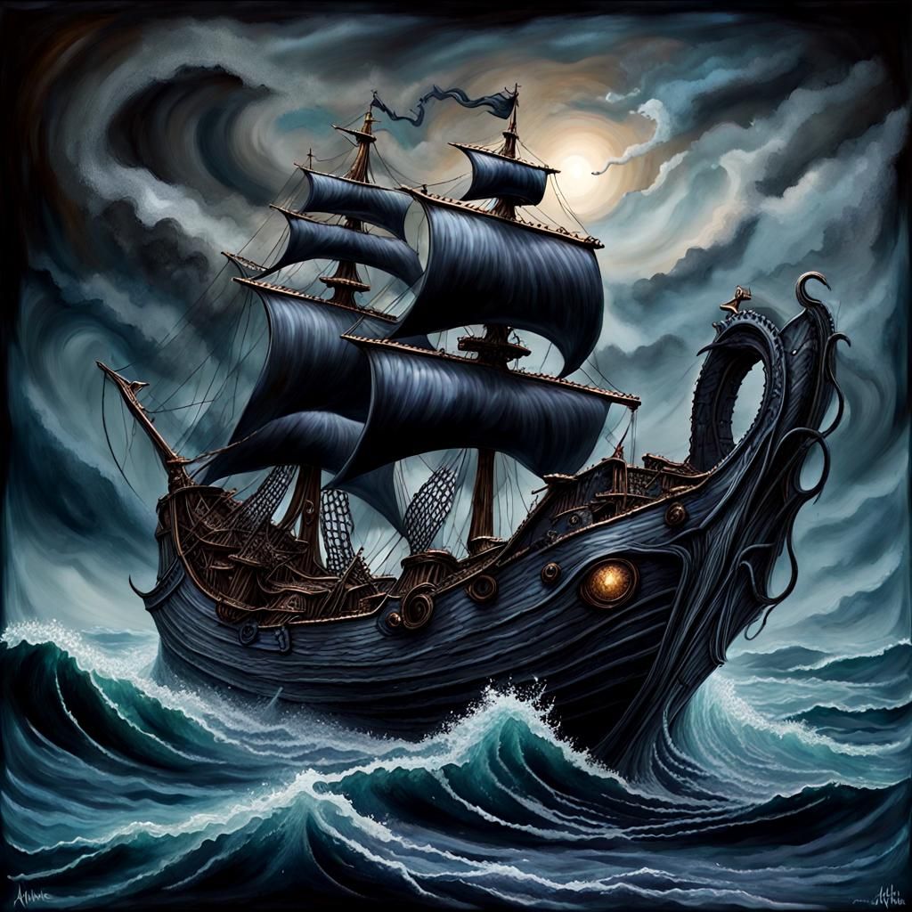 Kraken Attacks Obsidian Ship in Stormy Seas