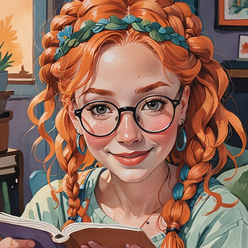 Whimsical Gouache Art of a Cheerful Woman Reading